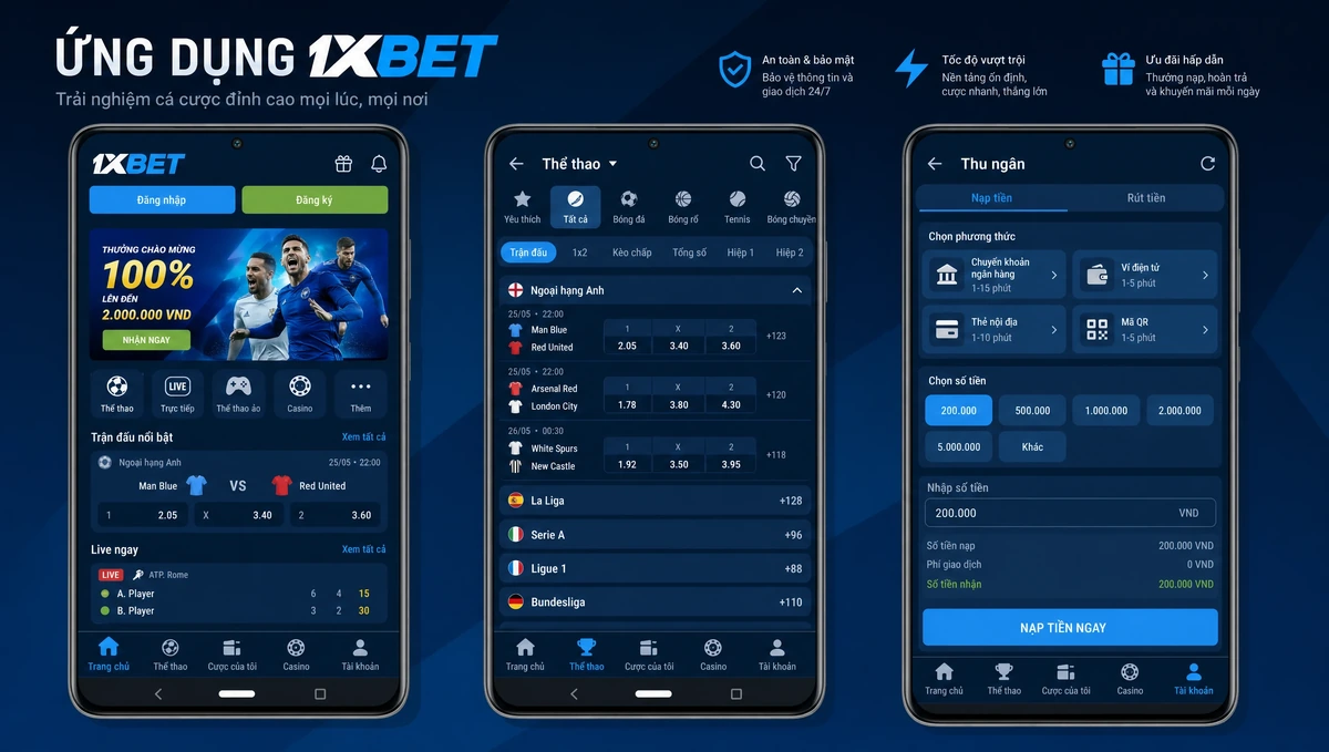 Ba màn hình ứng dụng 1xBet trên Android