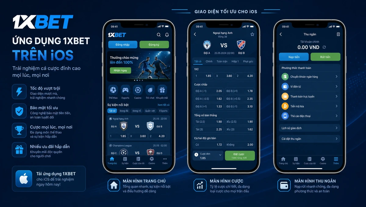Ba màn hình ứng dụng 1xBet trên iPhone