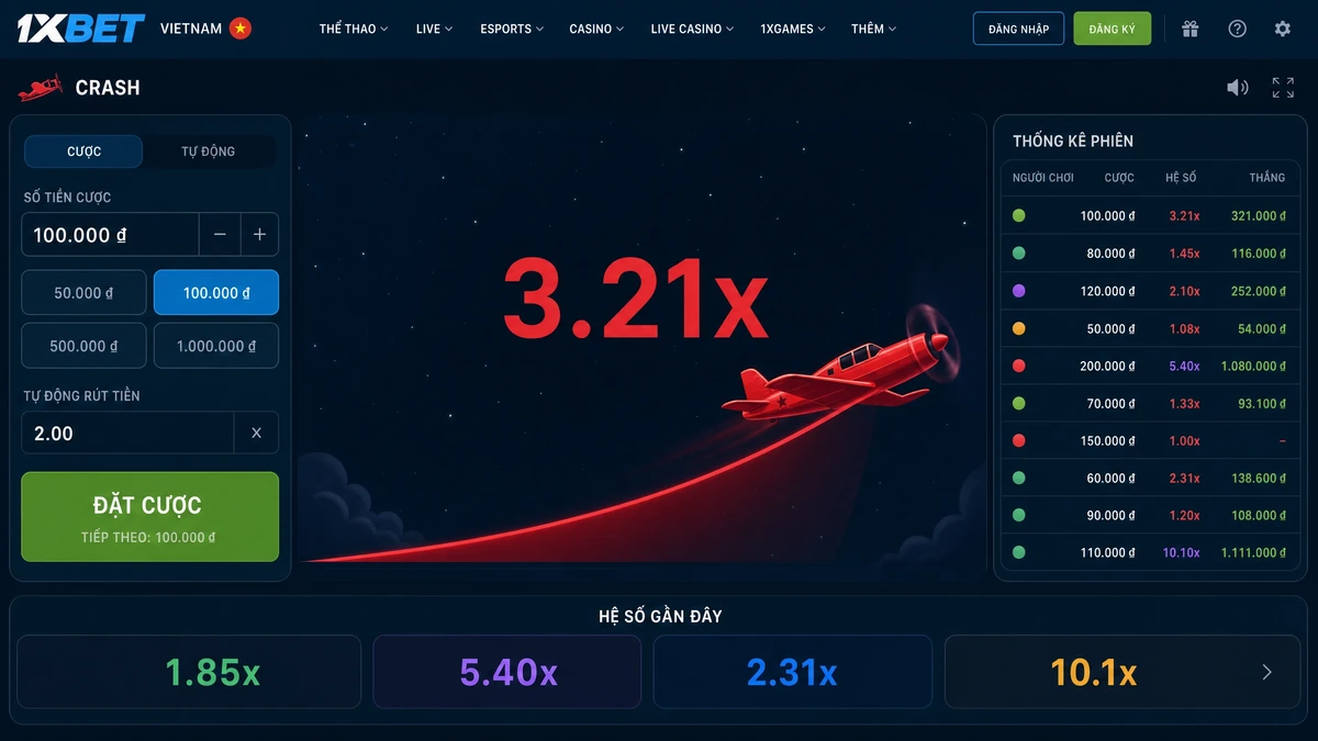 Màn chơi Aviator 1xBet — đường cong hệ số, máy bay đang bay, nút rút tiền