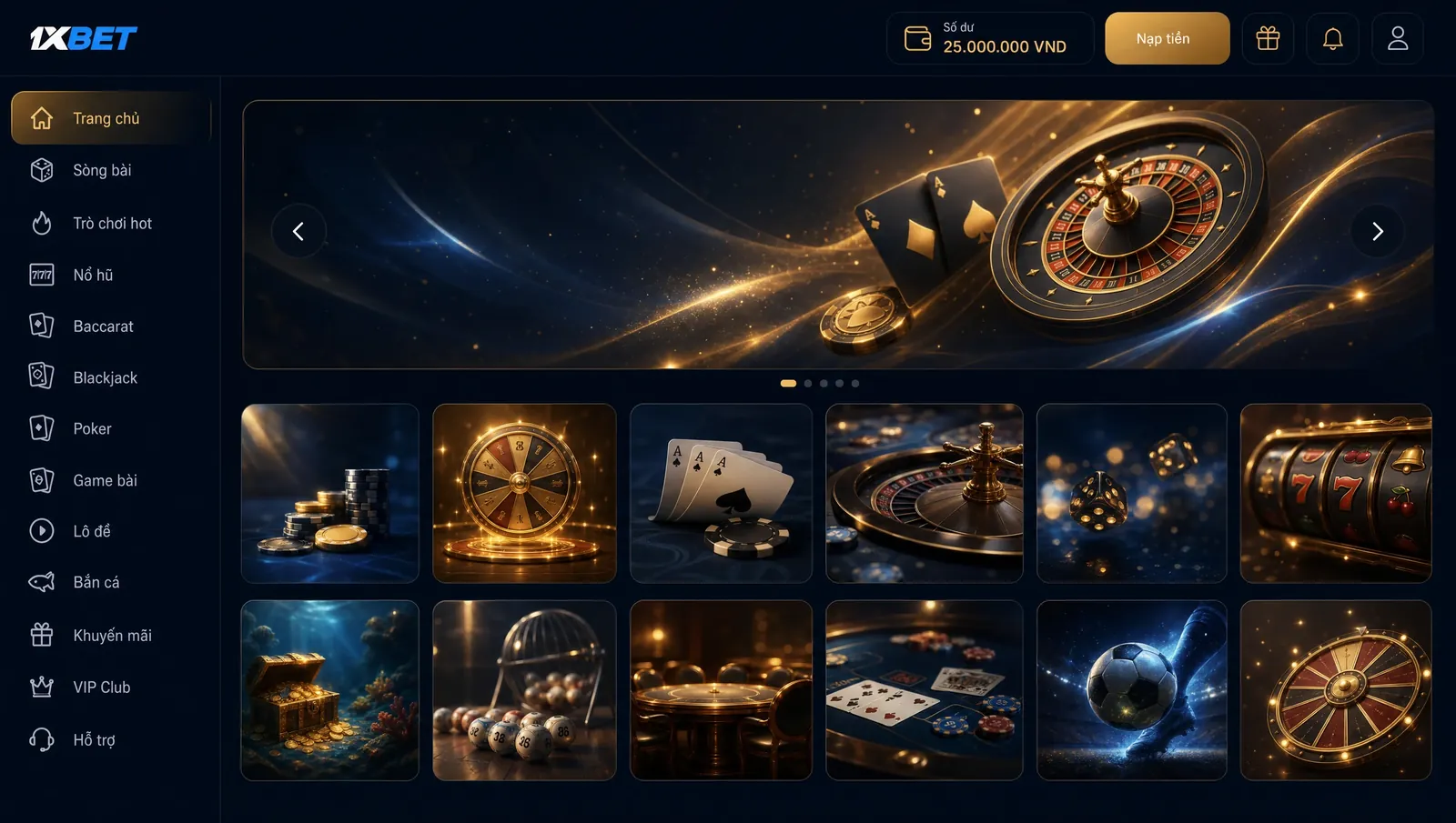 Sảnh casino 1xBet với hơn 8.000 slot và phòng chia bài live