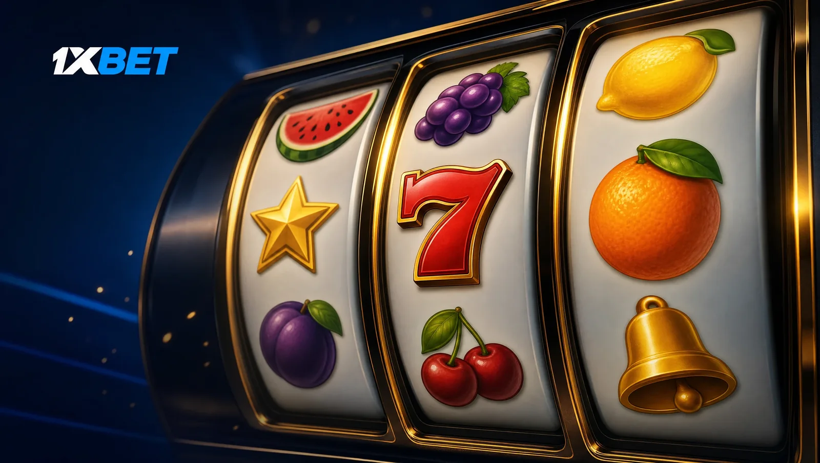 Ba cuộn quay của máy nổ hũ 1xBet với biểu tượng trái cây và số bảy