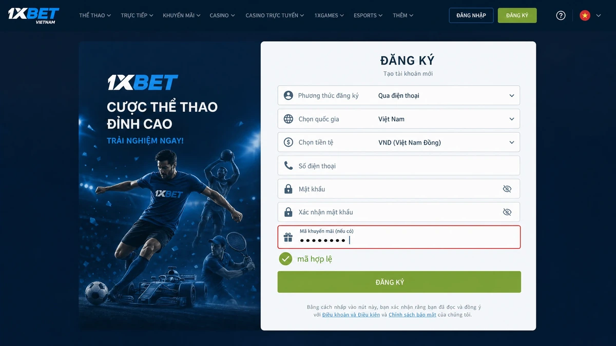 Ô nhập mã khuyến mãi VNPOWER88 trên form đăng ký 1xBet, phía dưới dòng mật khẩu
